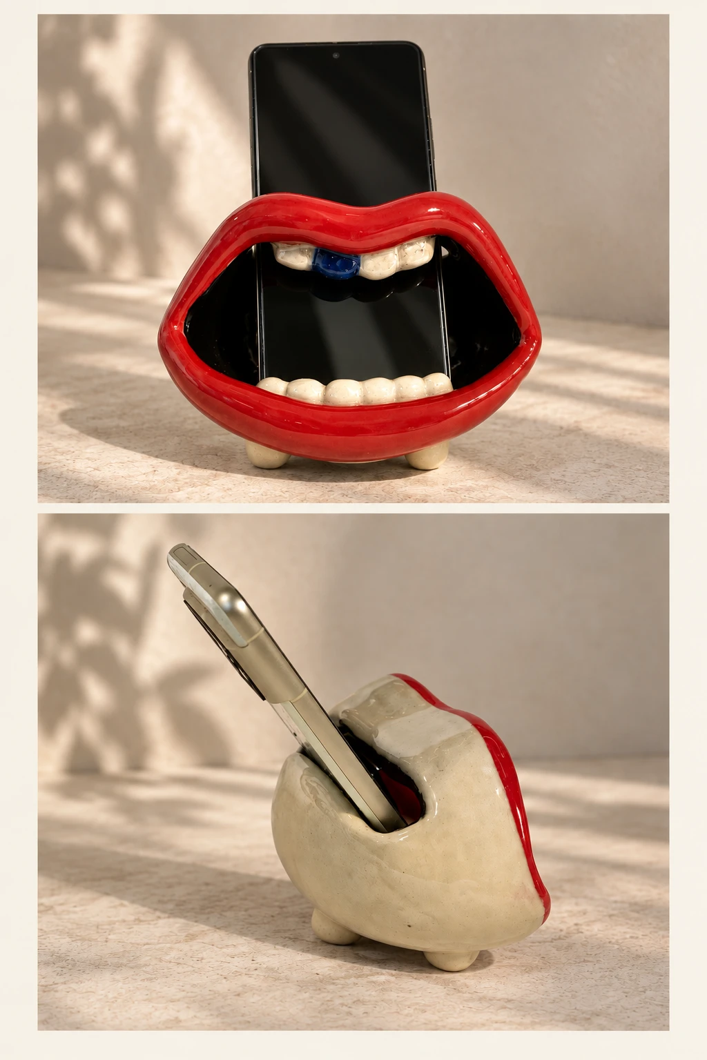 Front and side views of a red-lipped ceramic phone speaker with white teeth and one blue tooth
