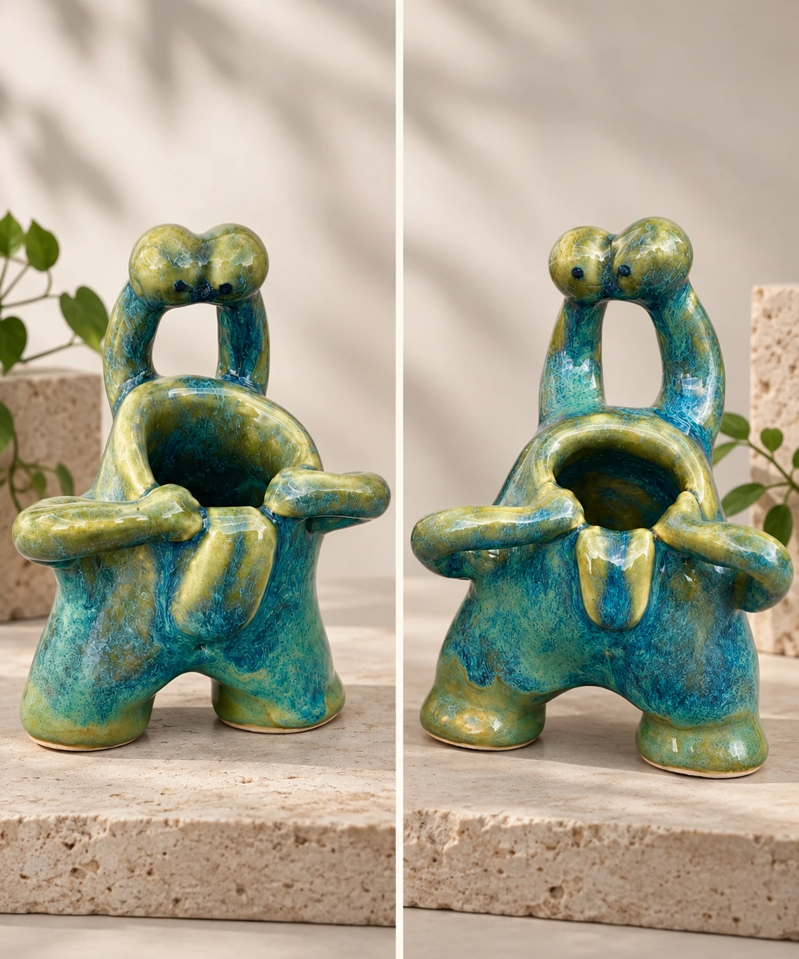Two views of a green and turquoise ceramic monster with raised eyes and an open mouth